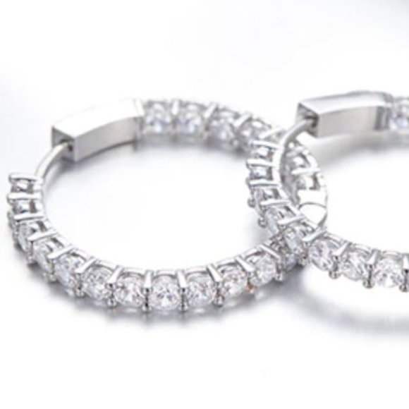 Platinum Plated Copper Pave Cubic Zirconia Hoop Earrings - Picture 4 of 6